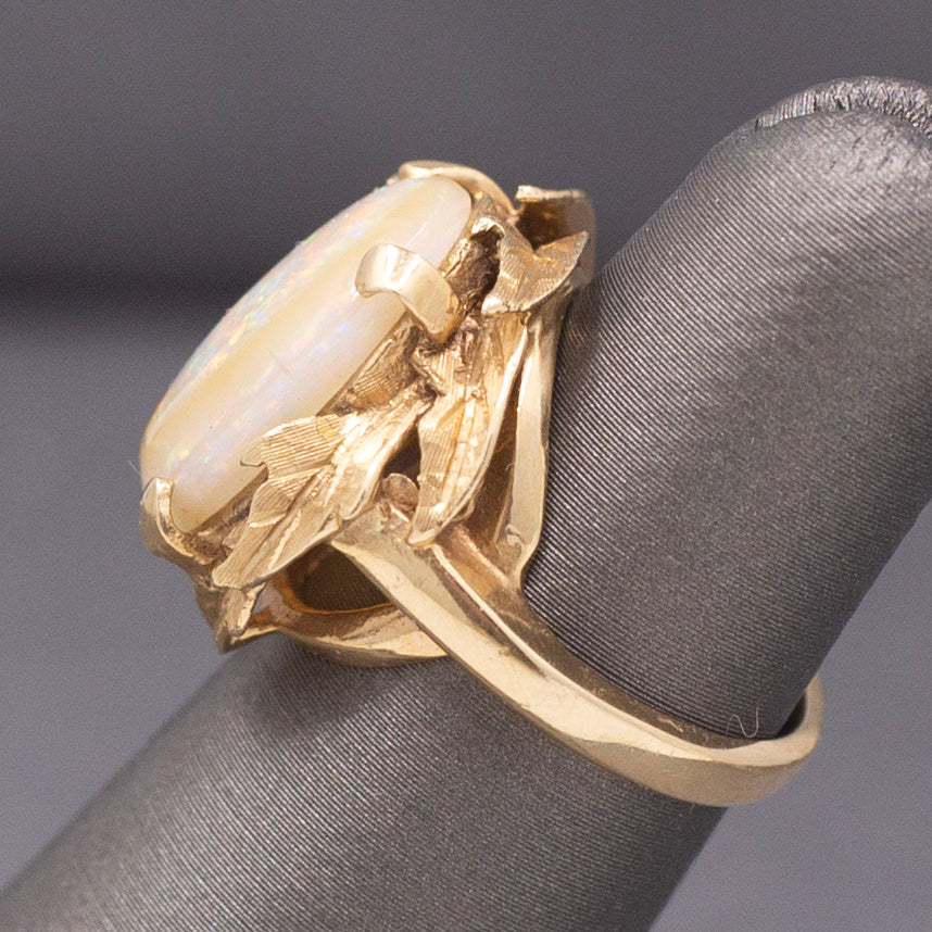 Mid-Century Opal Cocktail Ring with Leaf Design in 14k Yellow Gold