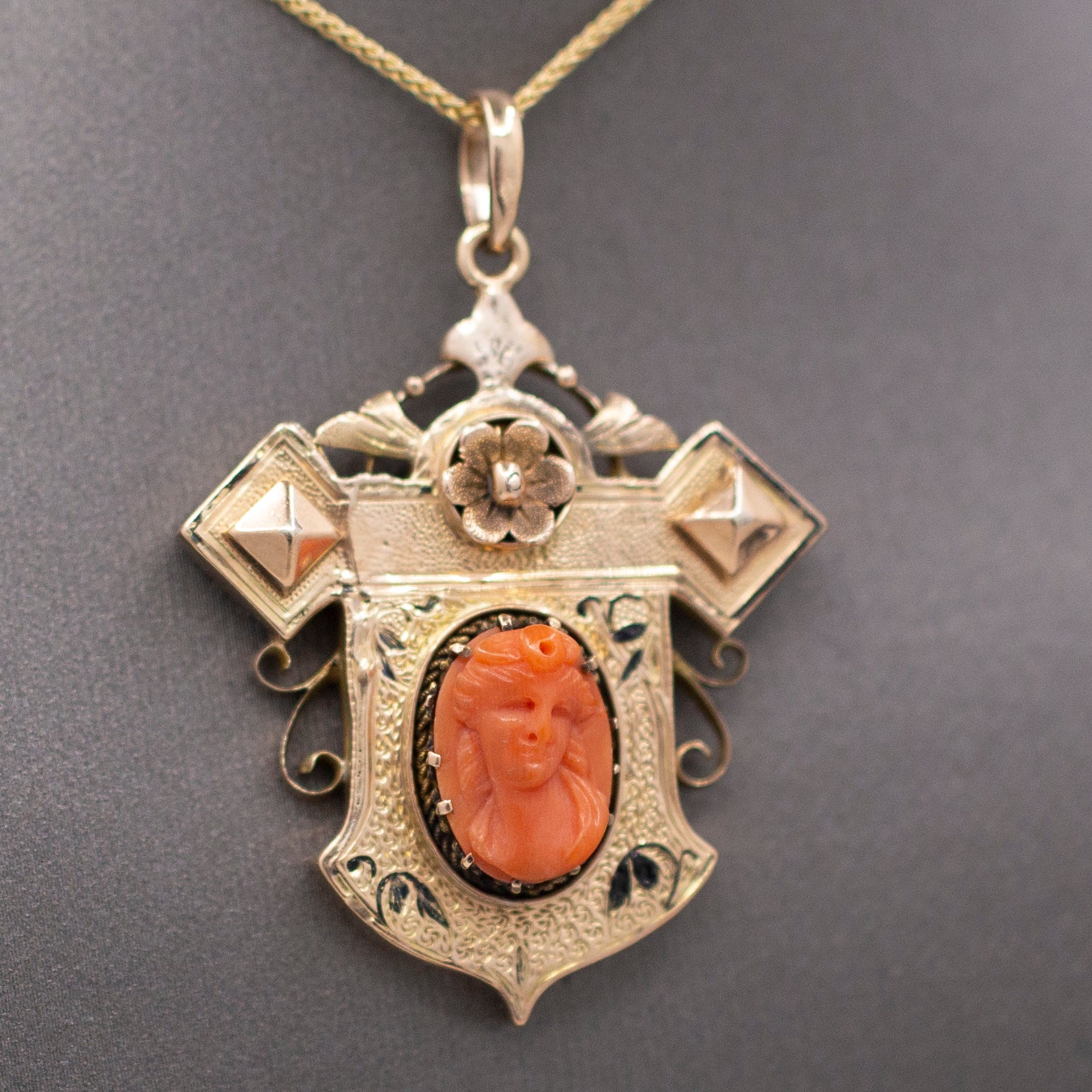 Antique Victorian Coral Cameo and Taille d'Epargne Architectural Pendant in 14k Yellow Gold