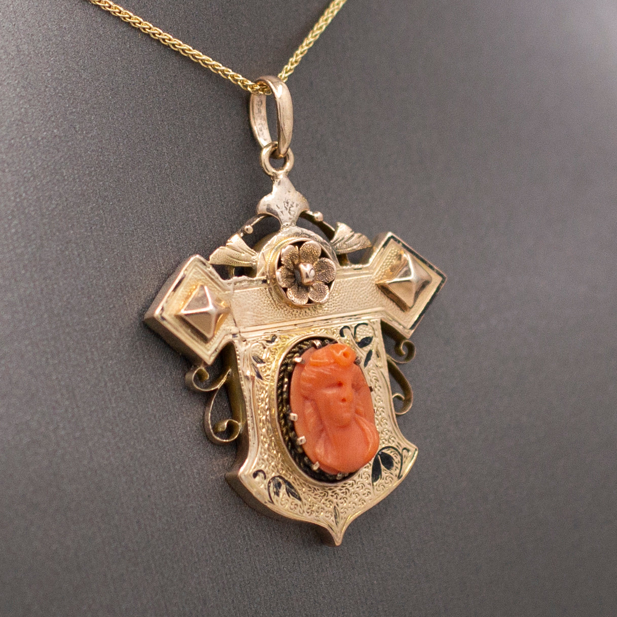 Antique Victorian Coral Cameo and Taille d'Epargne Architectural Pendant in 14k Yellow Gold