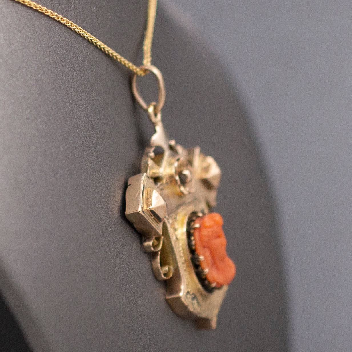 Antique Victorian Coral Cameo and Taille d'Epargne Architectural Pendant in 14k Yellow Gold