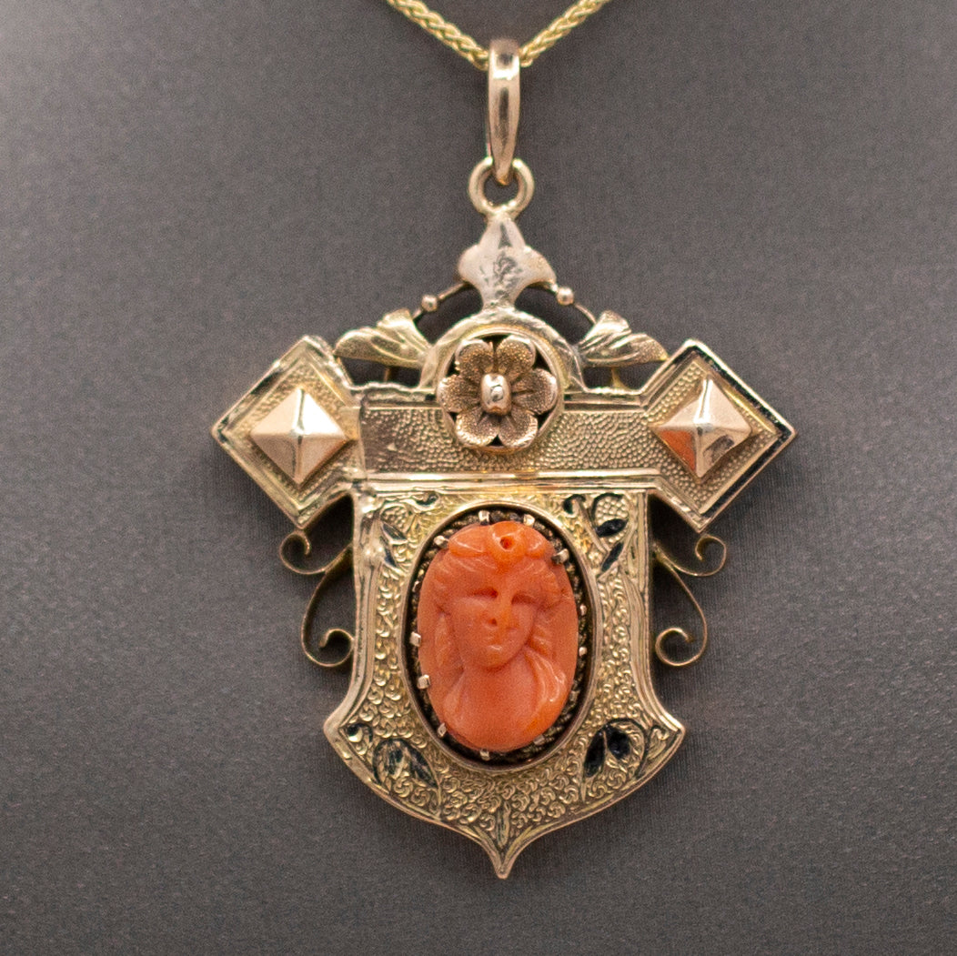 Antique Victorian Coral Cameo and Taille d'Epargne Architectural Pendant in 14k Yellow Gold