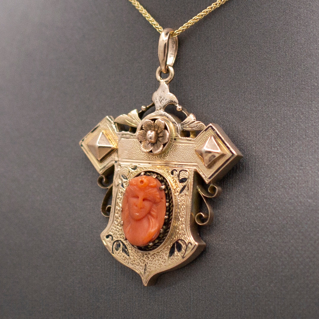 Antique Victorian Coral Cameo and Taille d'Epargne Architectural Pendant in 14k Yellow Gold