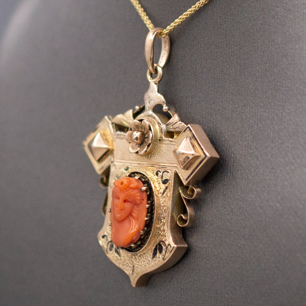 Antique Victorian Coral Cameo and Taille d'Epargne Architectural Pendant in 14k Yellow Gold