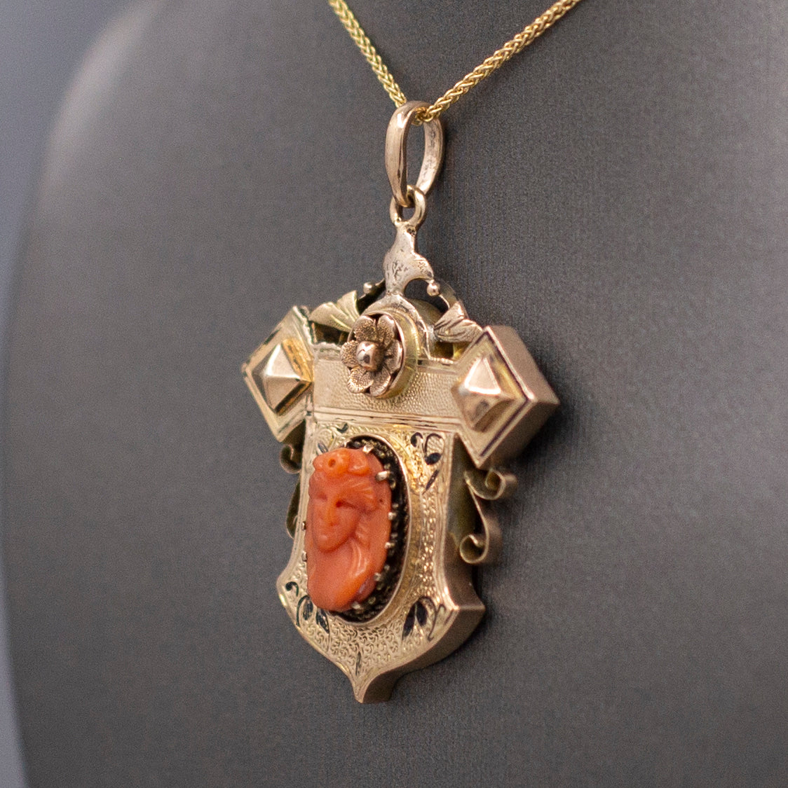 Antique Victorian Coral Cameo and Taille d'Epargne Architectural Pendant in 14k Yellow Gold
