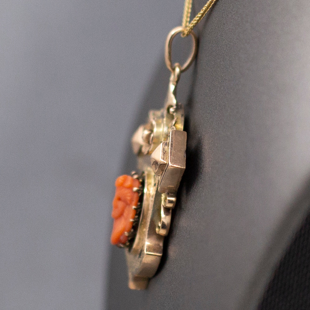 Antique Victorian Coral Cameo and Taille d'Epargne Architectural Pendant in 14k Yellow Gold