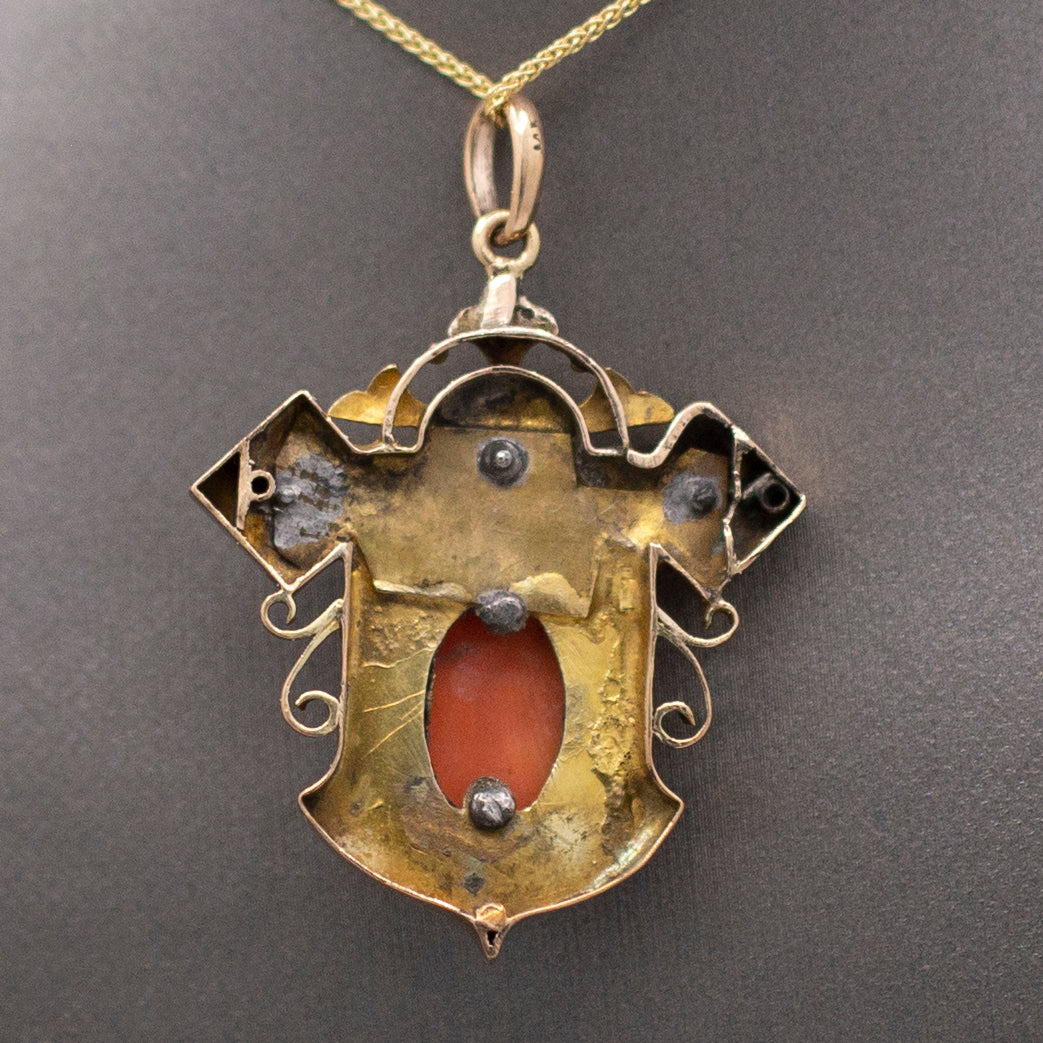 Antique Victorian Coral Cameo and Taille d'Epargne Architectural Pendant in 14k Yellow Gold