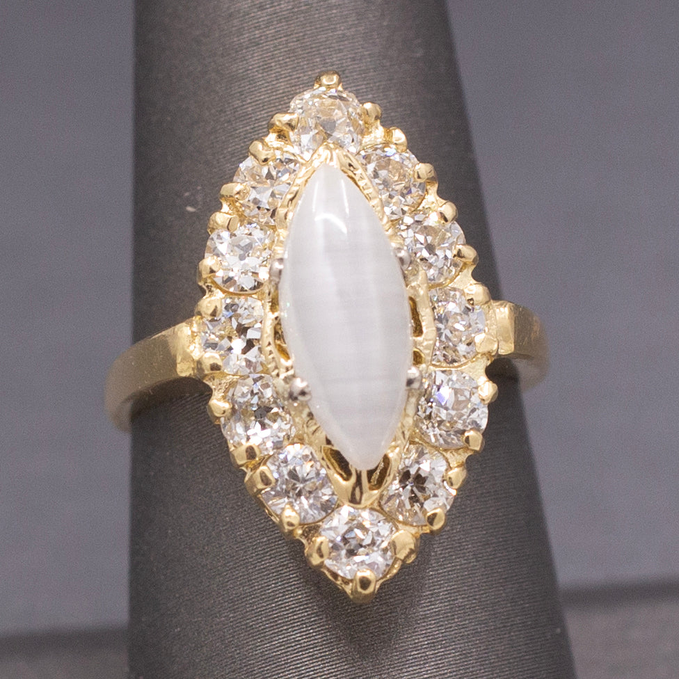 Antique Victorian Cat's Eye Moonstone and Old Mine Cut Diamond Navette Ring in 14k Yellow Gold