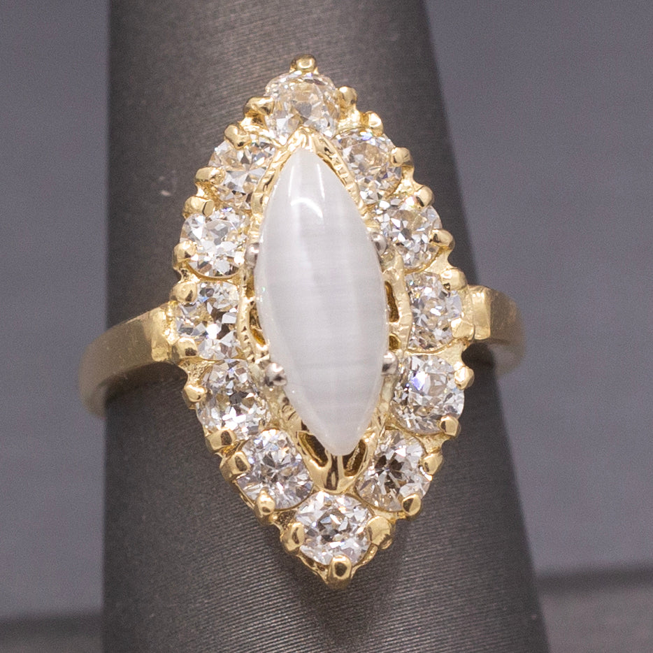 Antique Victorian Cat's Eye Moonstone and Old Mine Cut Diamond Navette Ring in 14k Yellow Gold
