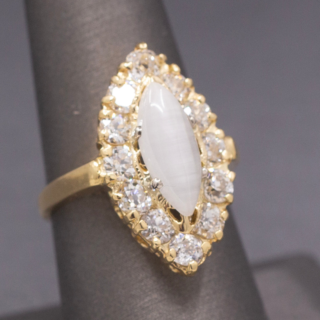 Antique Victorian Cat's Eye Moonstone and Old Mine Cut Diamond Navette Ring in 14k Yellow Gold