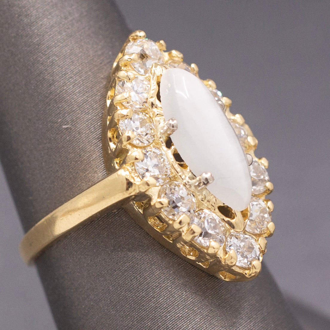 Antique Victorian Cat's Eye Moonstone and Old Mine Cut Diamond Navette Ring in 14k Yellow Gold