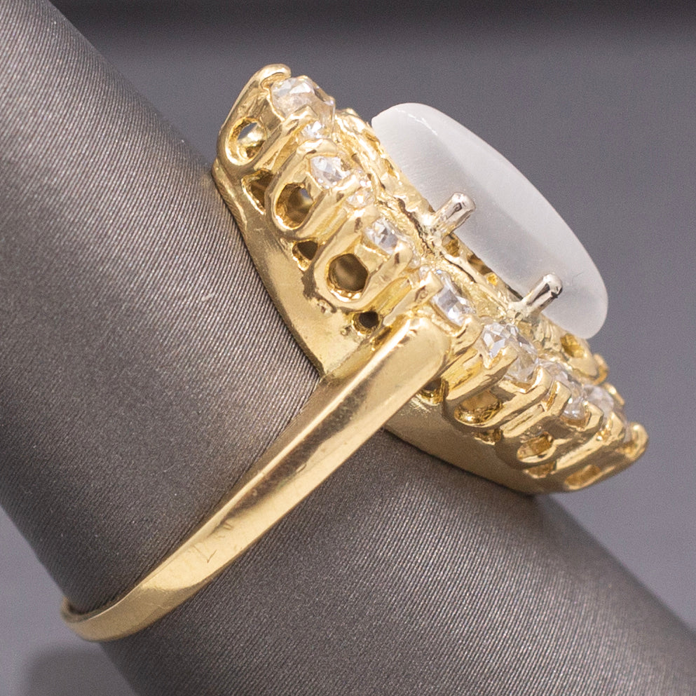 Antique Victorian Cat's Eye Moonstone and Old Mine Cut Diamond Navette Ring in 14k Yellow Gold