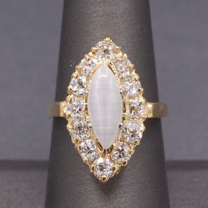 Antique Victorian Cat's Eye Moonstone and Old Mine Cut Diamond Navette Ring in 14k Yellow Gold