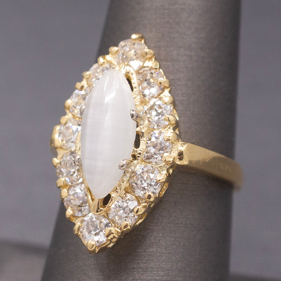Antique Victorian Cat's Eye Moonstone and Old Mine Cut Diamond Navette Ring in 14k Yellow Gold