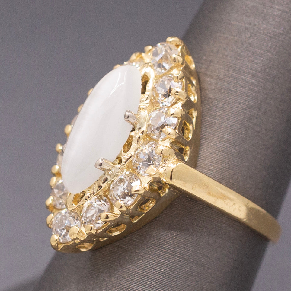 Antique Victorian Cat's Eye Moonstone and Old Mine Cut Diamond Navette Ring in 14k Yellow Gold