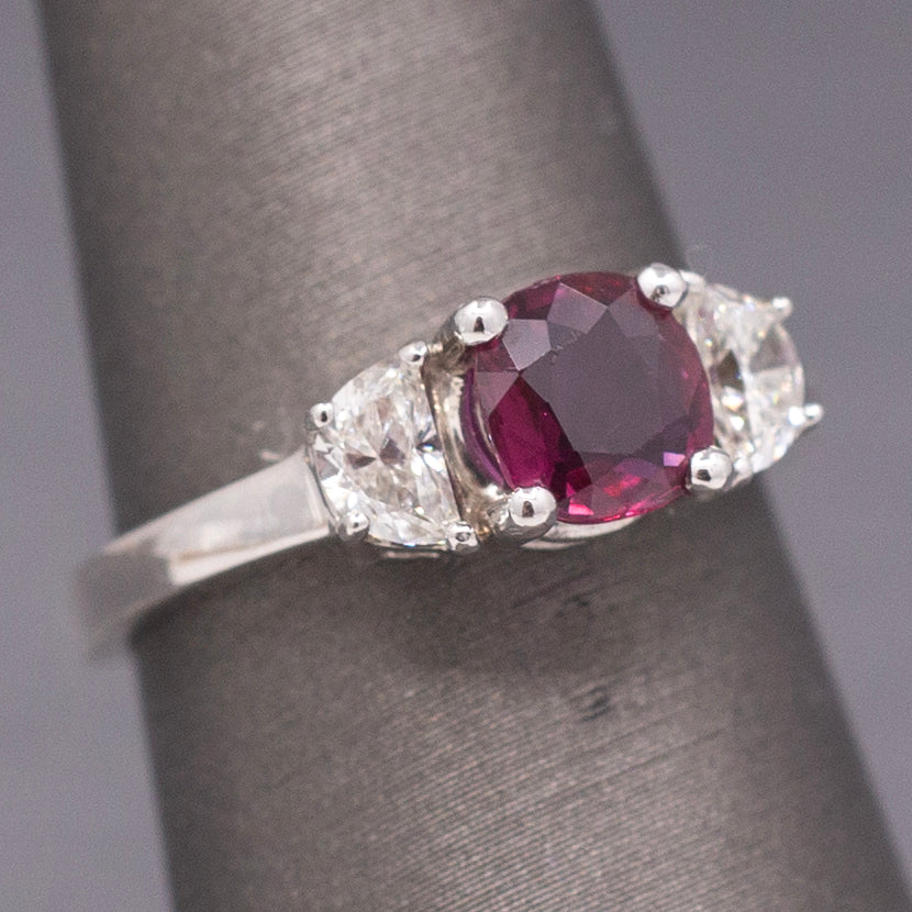 Stunning Deep Ruby and Half Moon Cut Diamond Ring in 18k White Gold