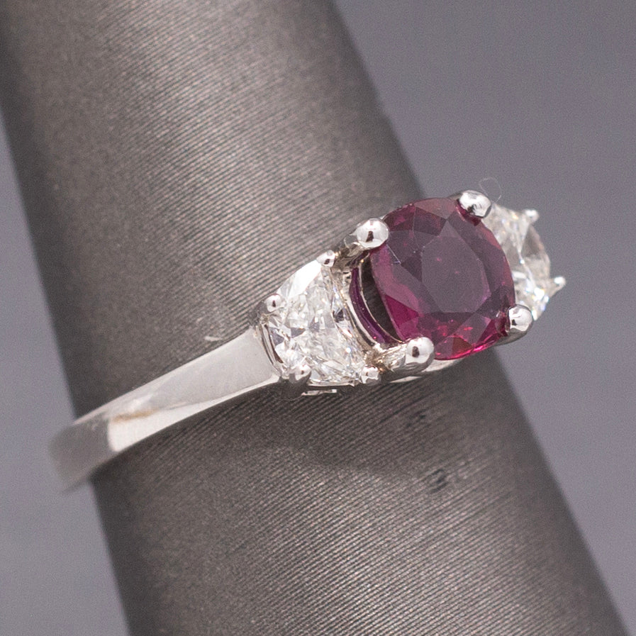 Stunning Deep Ruby and Half Moon Cut Diamond Ring in 18k White Gold