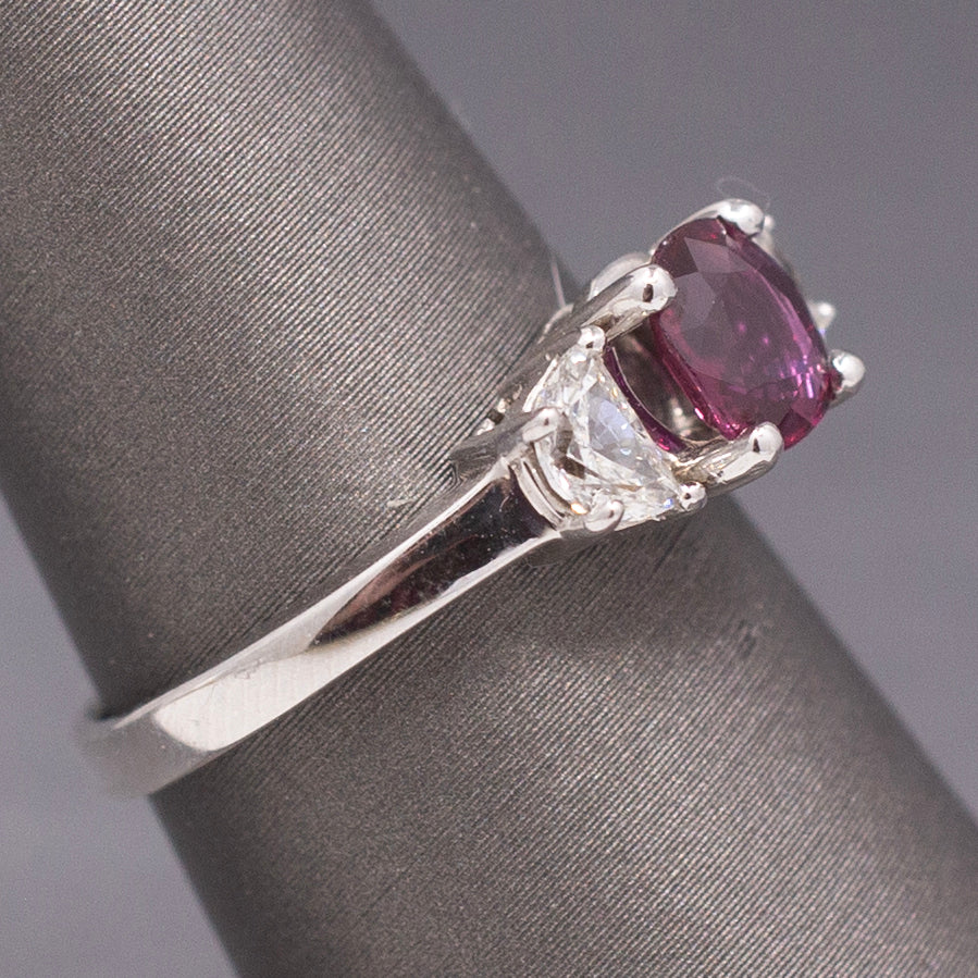 Stunning Deep Ruby and Half Moon Cut Diamond Ring in 18k White Gold