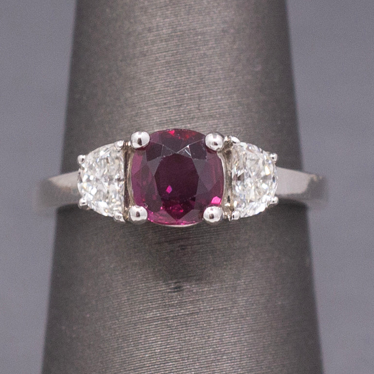 Stunning Deep Ruby and Half Moon Cut Diamond Ring in 18k White Gold