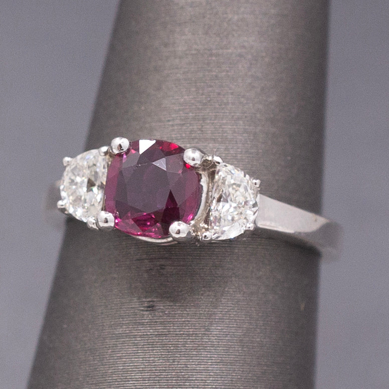 Stunning Deep Ruby and Half Moon Cut Diamond Ring in 18k White Gold