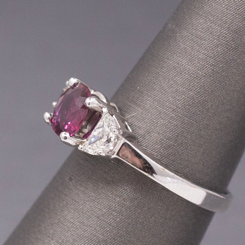 Stunning Deep Ruby and Half Moon Cut Diamond Ring in 18k White Gold
