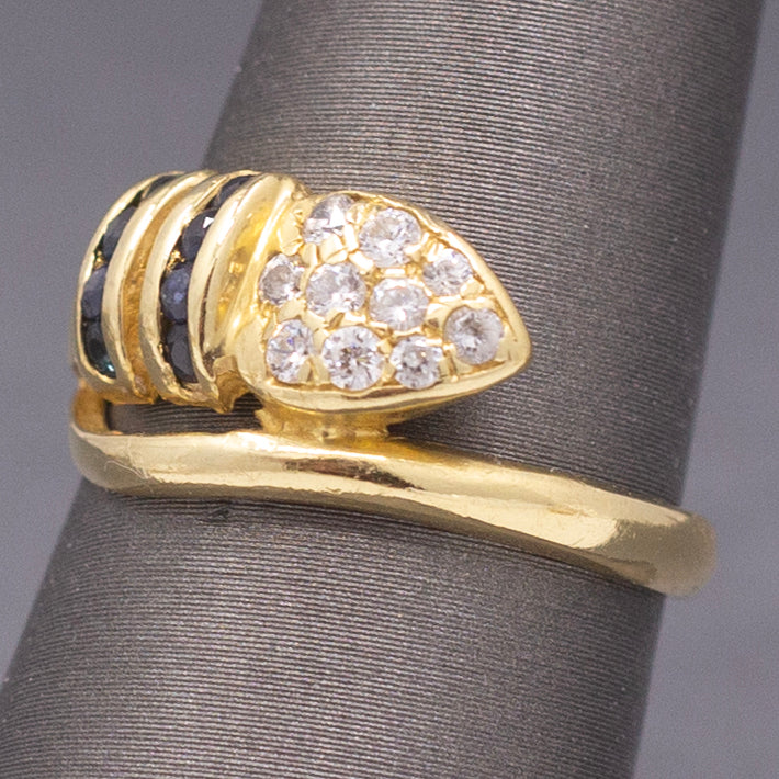 Vintage Diamond and Blue Sapphire Wrap Around Snake Ring in 18k Yellow Gold