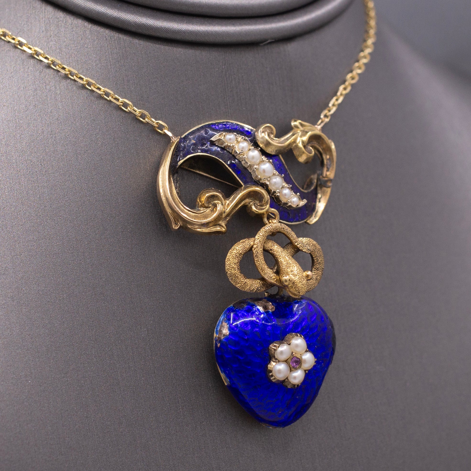 Antique Victorian Serpent Heart Locket in Blue Enamel Pendant Necklace in 14k Gold