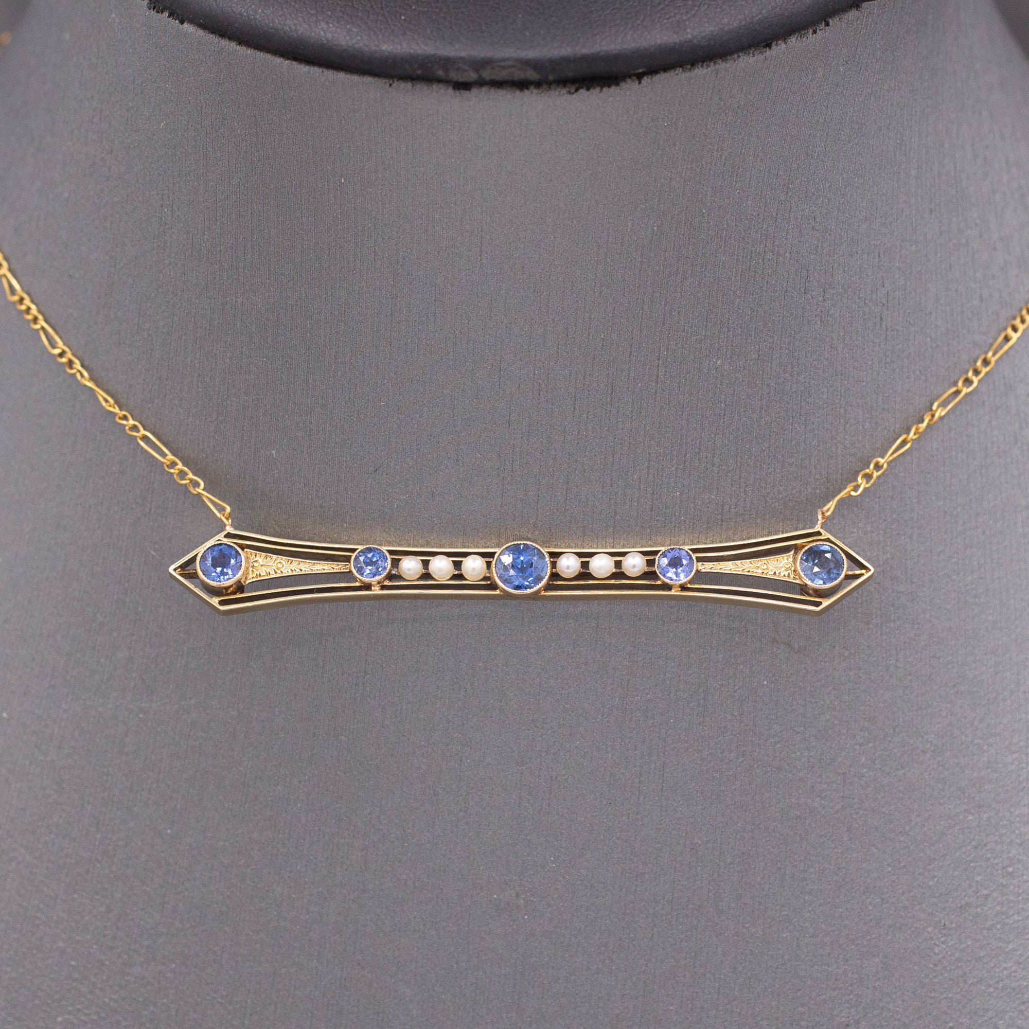 Antique Victorian Blue Yogo Sapphire and Pearl Bar Necklace in 14k Yellow Gold