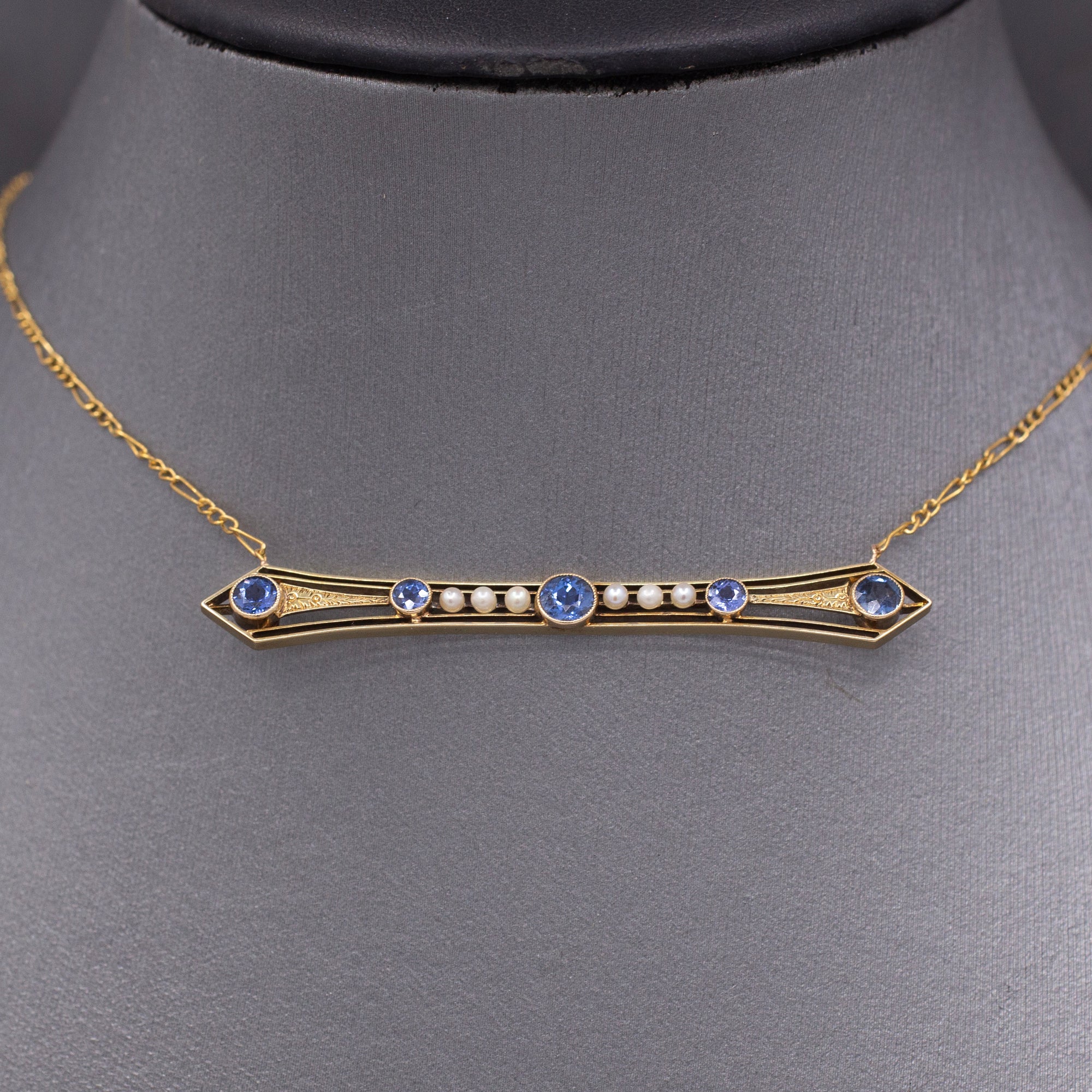 Antique Victorian Blue Yogo Sapphire and Pearl Bar Necklace in 14k Yellow Gold