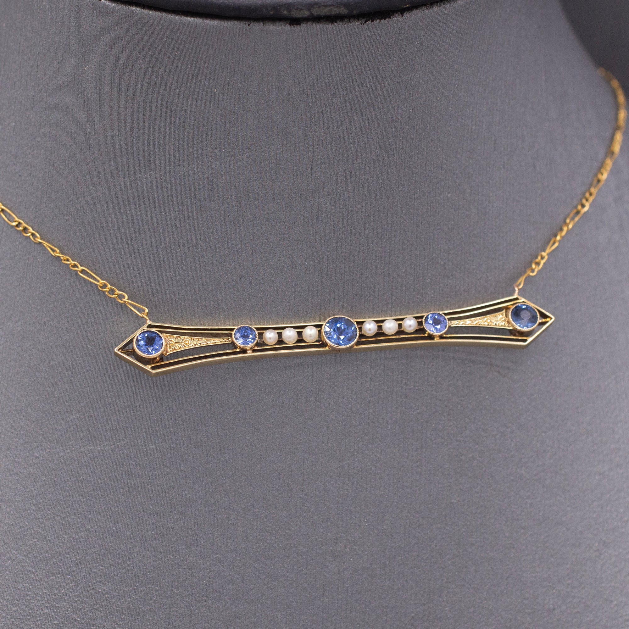Antique Victorian Blue Yogo Sapphire and Pearl Bar Necklace in 14k Yellow Gold