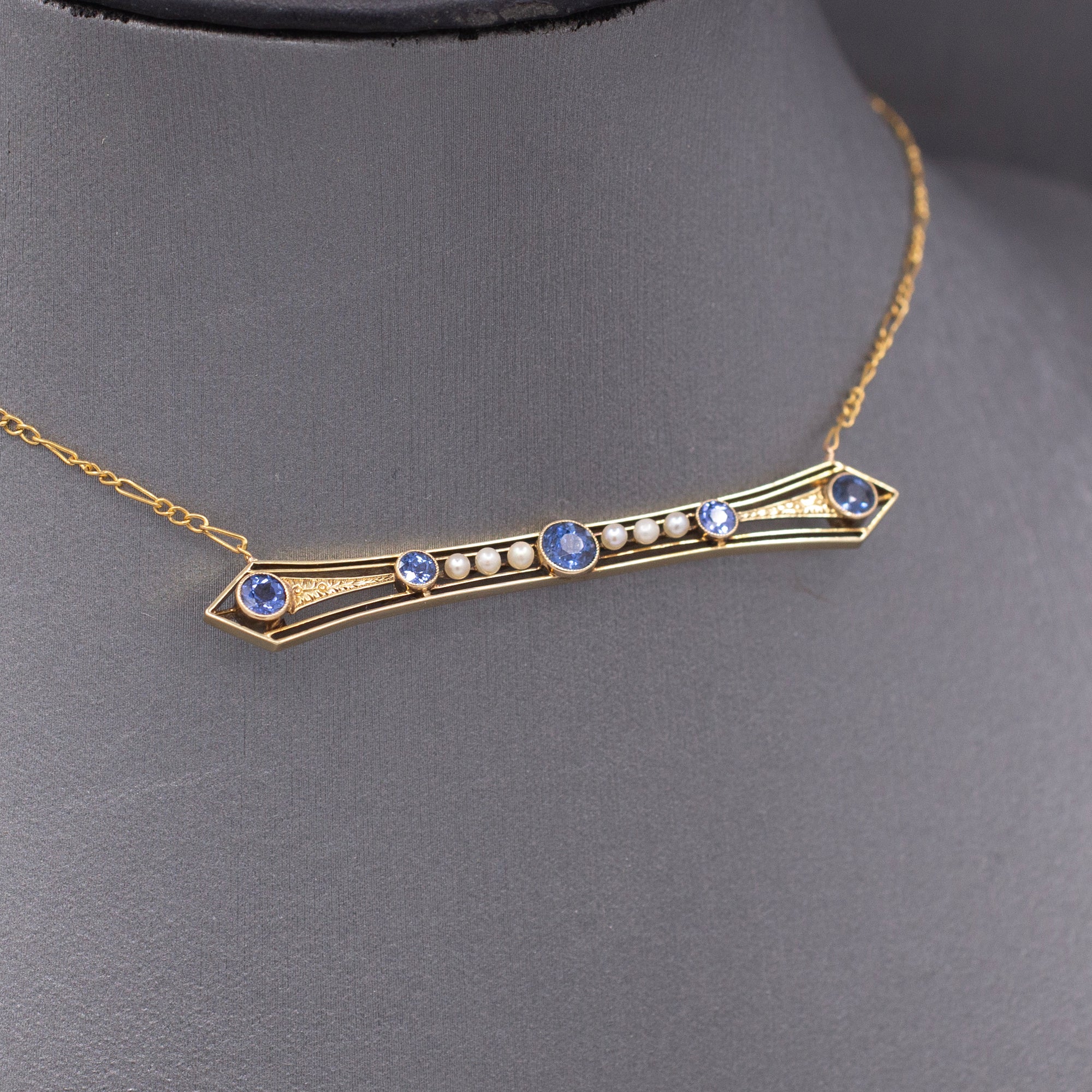Antique Victorian Blue Yogo Sapphire and Pearl Bar Necklace in 14k Yellow Gold