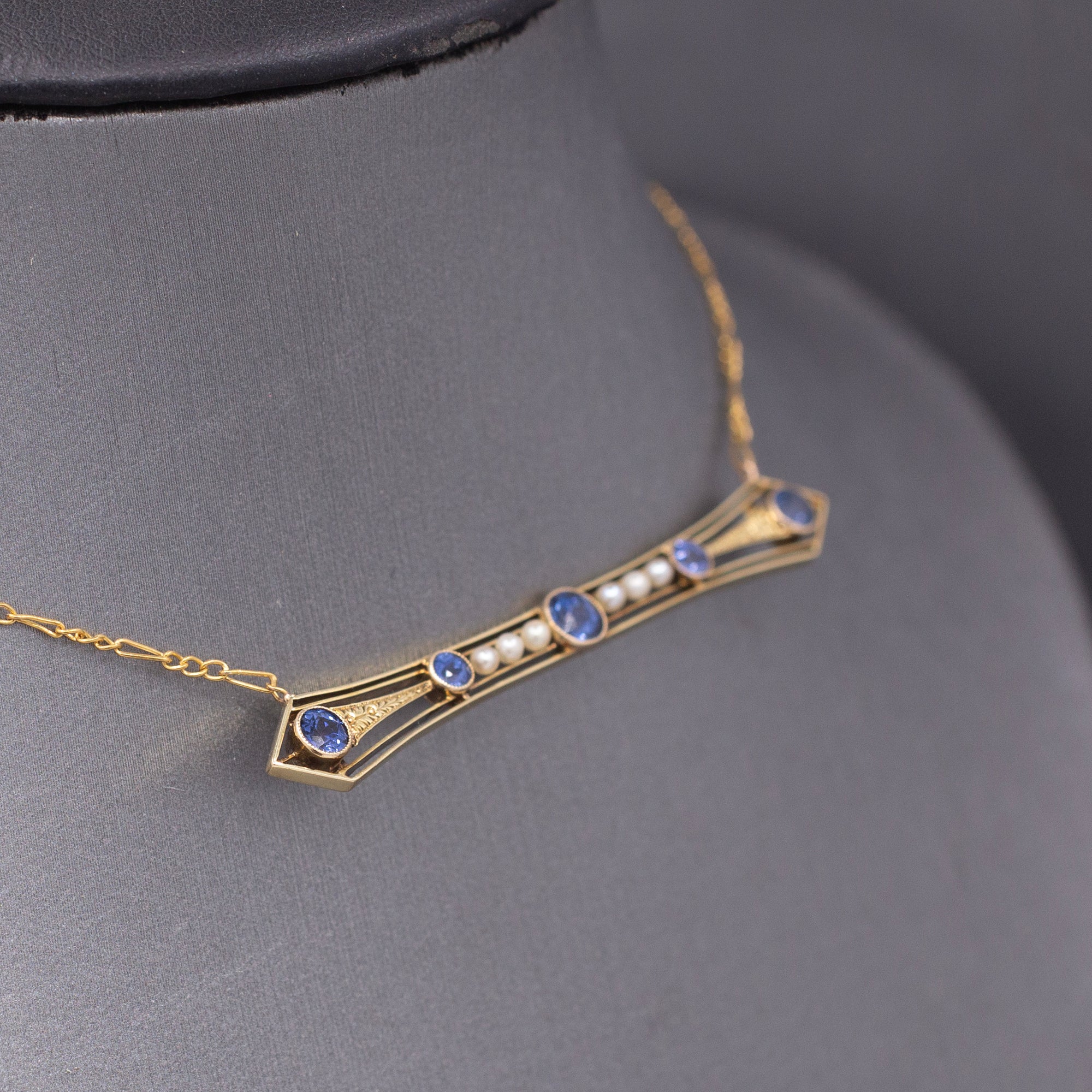 Antique Victorian Blue Yogo Sapphire and Pearl Bar Necklace in 14k Yellow Gold