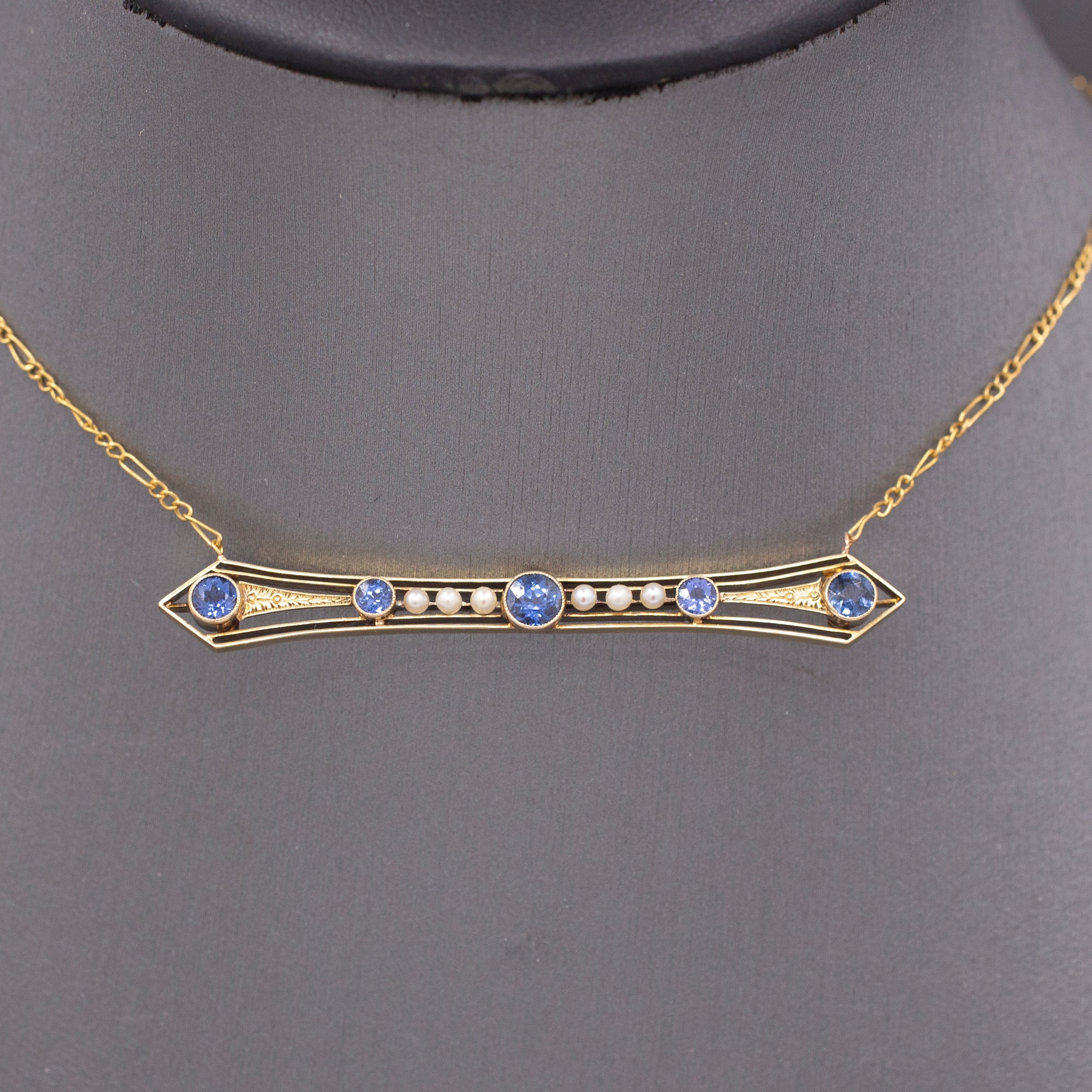 Antique Victorian Blue Yogo Sapphire and Pearl Bar Necklace in 14k Yellow Gold