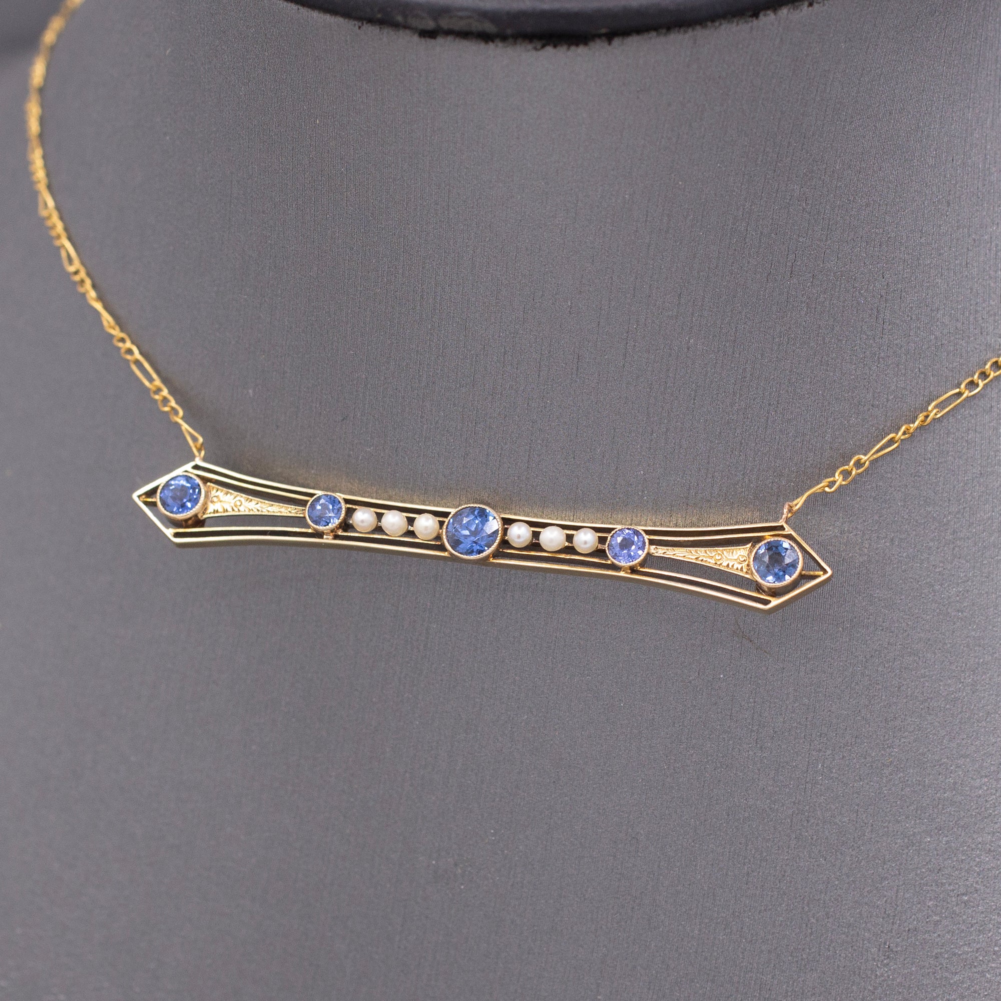 Antique Victorian Blue Yogo Sapphire and Pearl Bar Necklace in 14k Yellow Gold