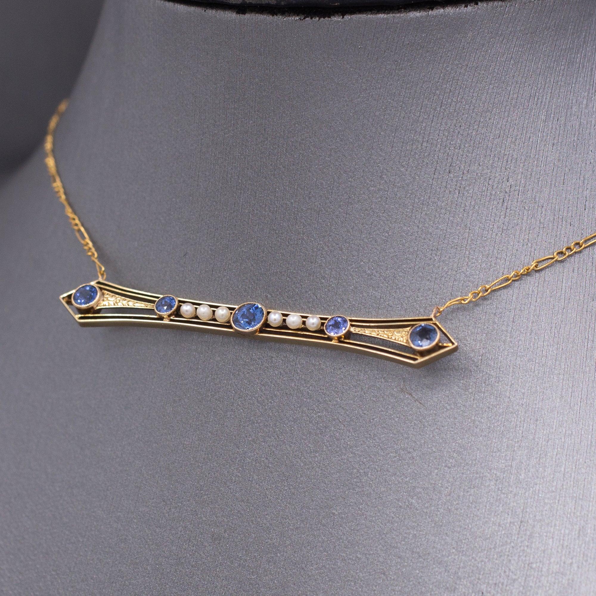 Antique Victorian Blue Yogo Sapphire and Pearl Bar Necklace in 14k Yellow Gold