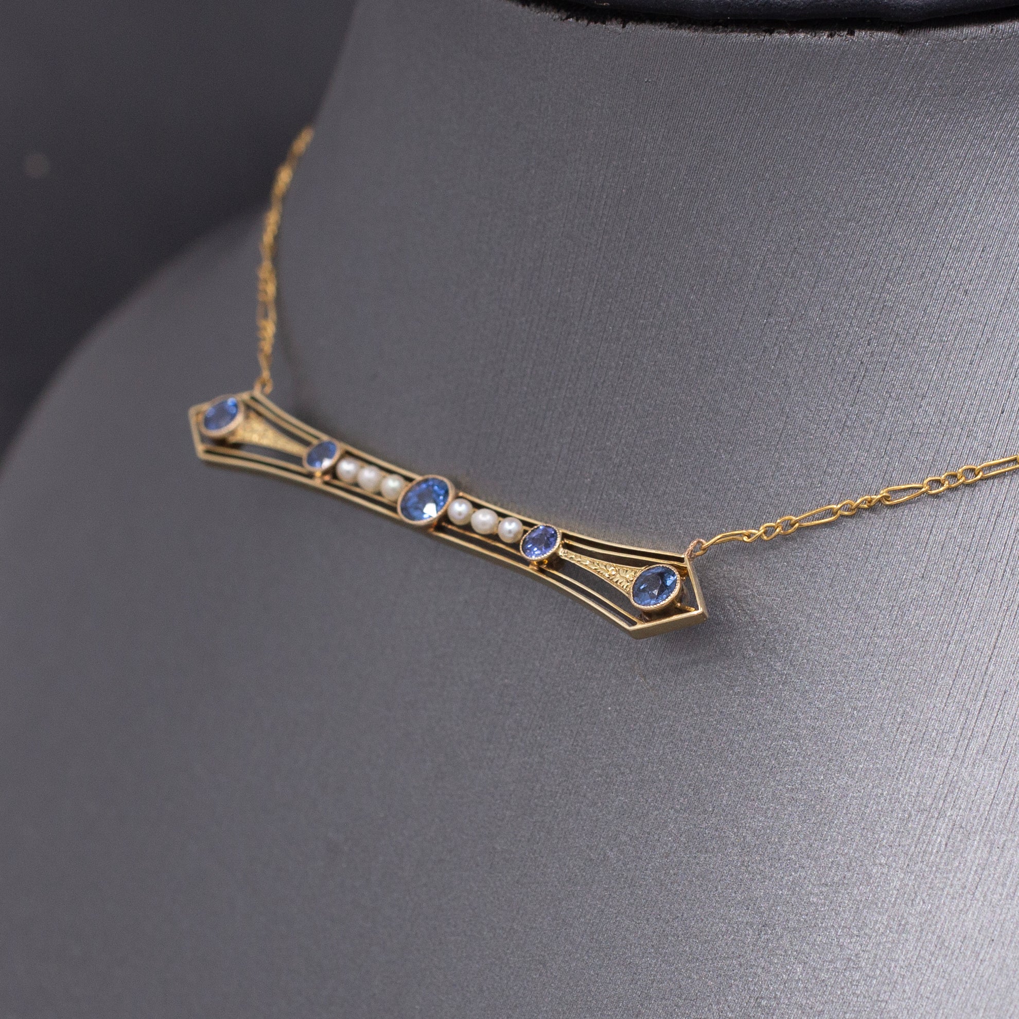 Antique Victorian Blue Yogo Sapphire and Pearl Bar Necklace in 14k Yellow Gold
