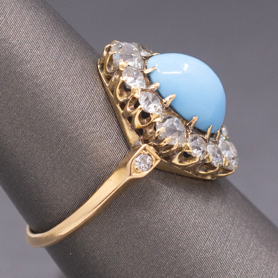 Impeccable Antique Victorian Persian Turquoise and Old Mine Cut Diamond Ring in 14k