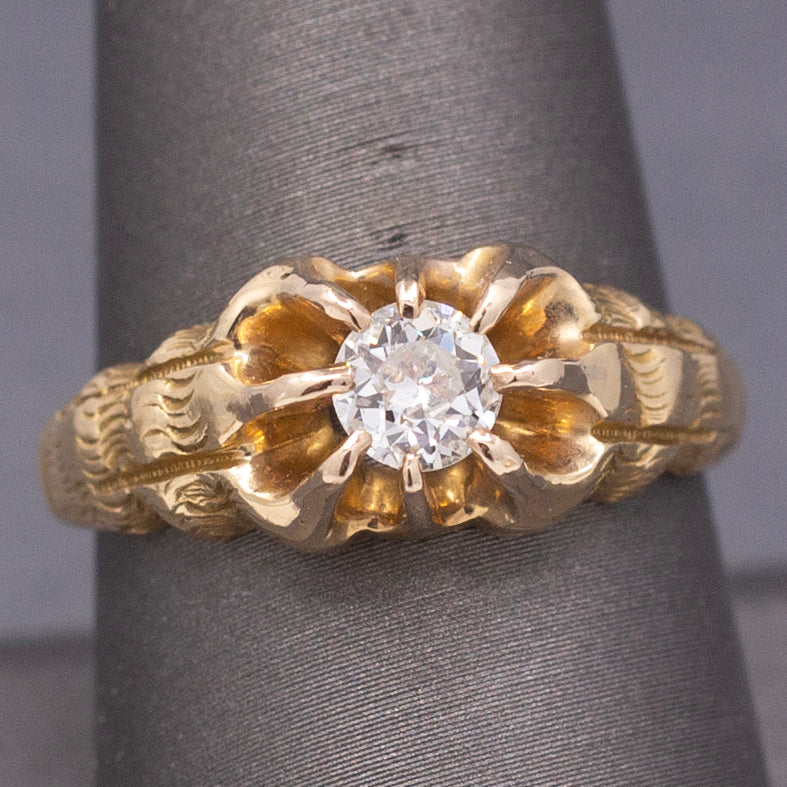 Antique Victorian Old European Cut Diamond Belcher Set Ring in 14k Yellow Gold