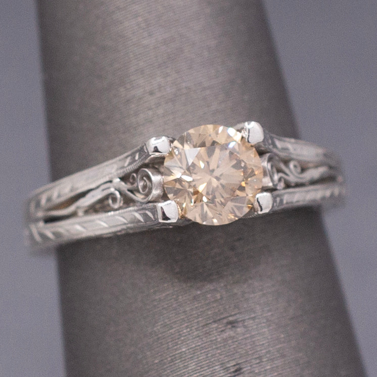 Fancy Champagne Brown Diamond Solitaire in Platinum with Hand Engraved Ring