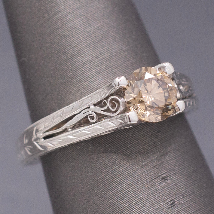 Fancy Champagne Brown Diamond Solitaire in Platinum with Hand Engraved Ring