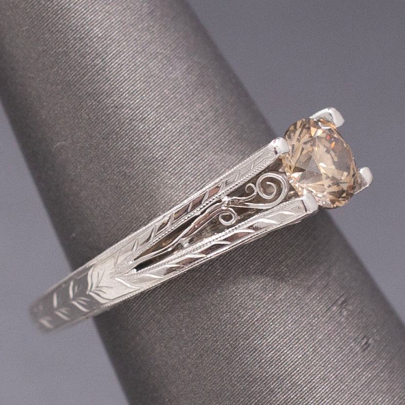 Fancy Champagne Brown Diamond Solitaire in Platinum with Hand Engraved Ring