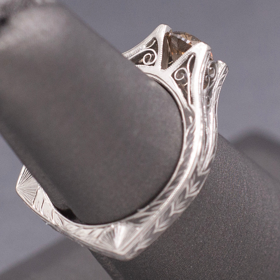 Fancy Champagne Brown Diamond Solitaire in Platinum with Hand Engraved Ring