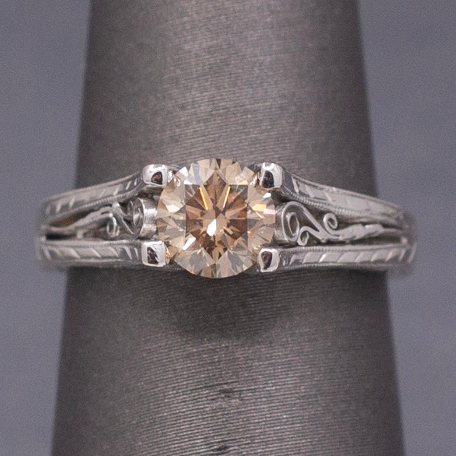 Fancy Champagne Brown Diamond Solitaire in Platinum with Hand Engraved Ring