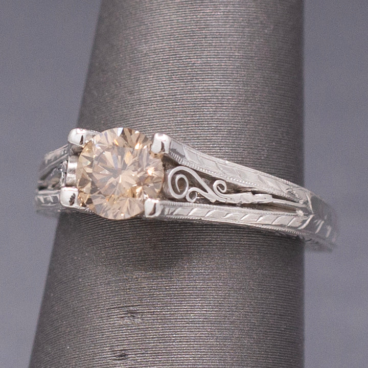 Fancy Champagne Brown Diamond Solitaire in Platinum with Hand Engraved Ring