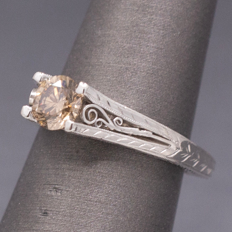 Fancy Champagne Brown Diamond Solitaire in Platinum with Hand Engraved Ring