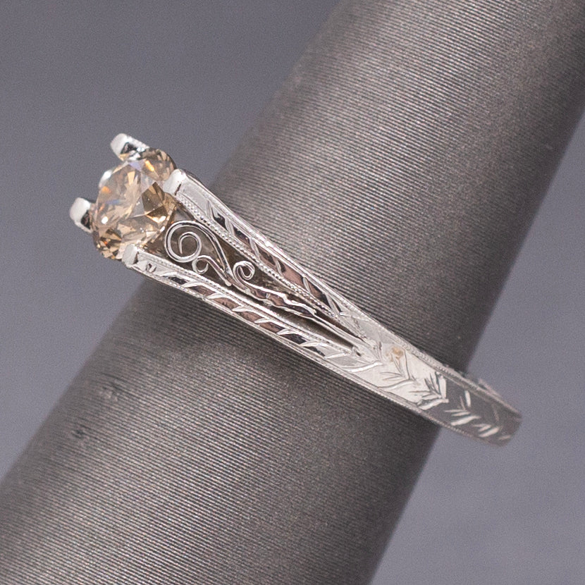 Fancy Champagne Brown Diamond Solitaire in Platinum with Hand Engraved Ring
