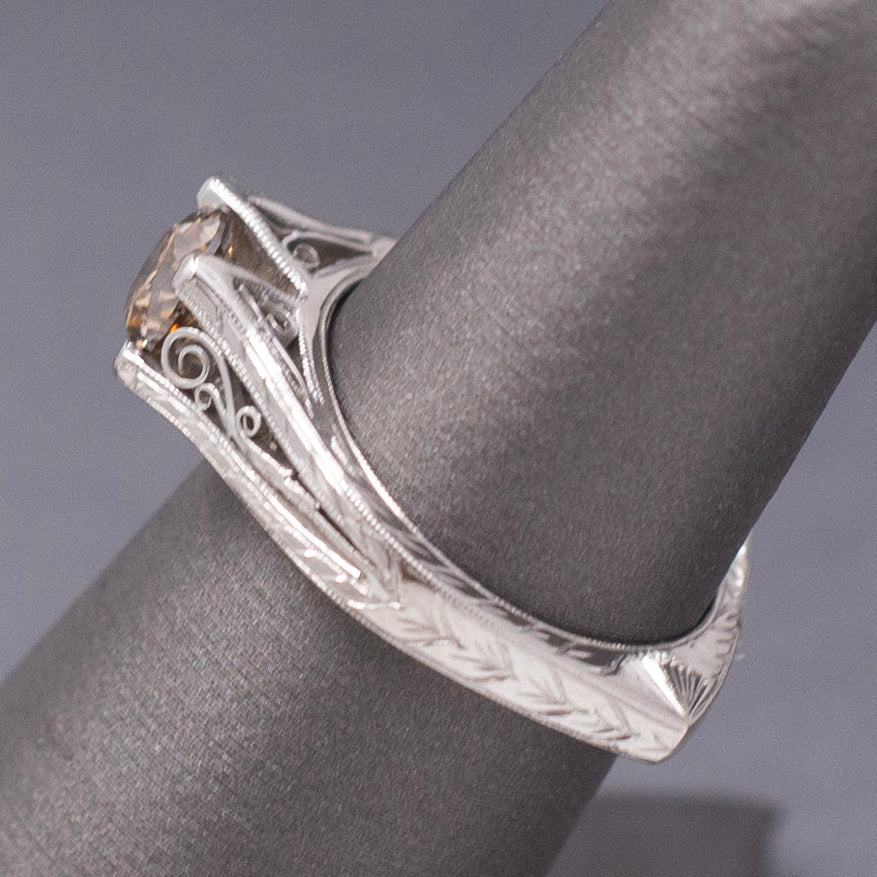 Fancy Champagne Brown Diamond Solitaire in Platinum with Hand Engraved Ring