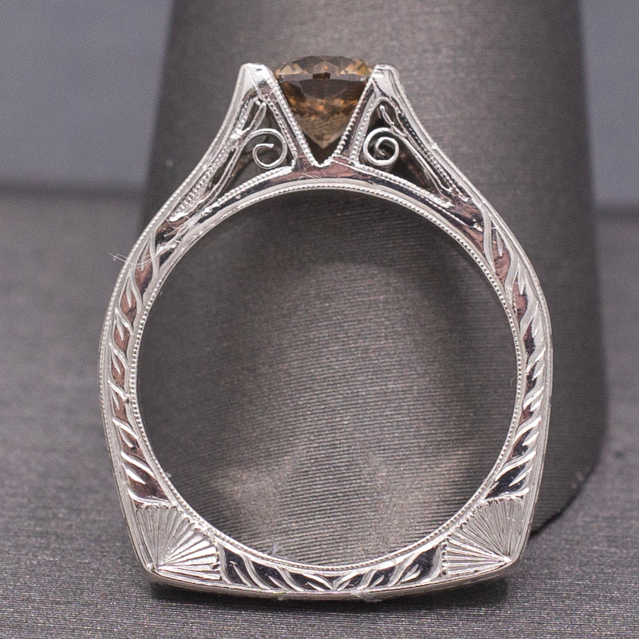 Fancy Champagne Brown Diamond Solitaire in Platinum with Hand Engraved Ring