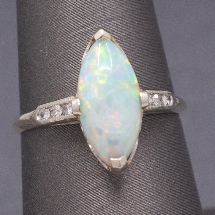Late Art Deco Colorful Australian Opal and Diamond Ring in White Gold