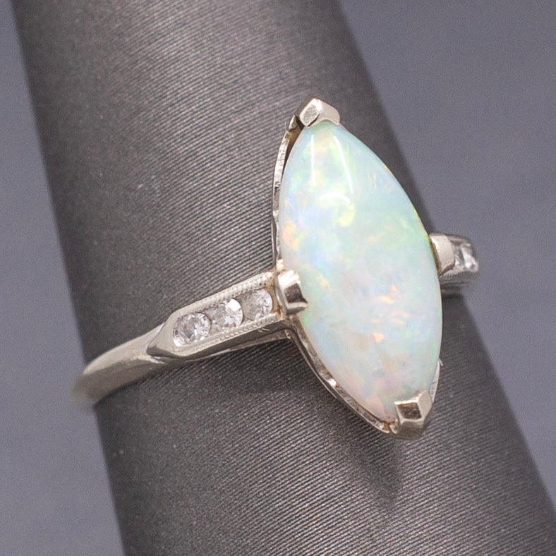 Late Art Deco Colorful Australian Opal and Diamond Ring in White Gold