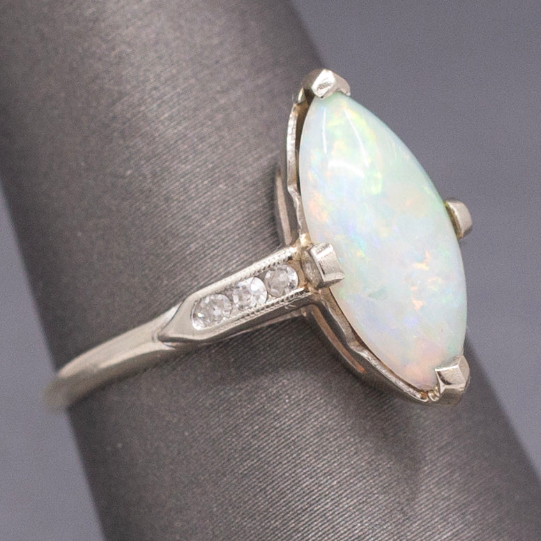 Late Art Deco Colorful Australian Opal and Diamond Ring in White Gold